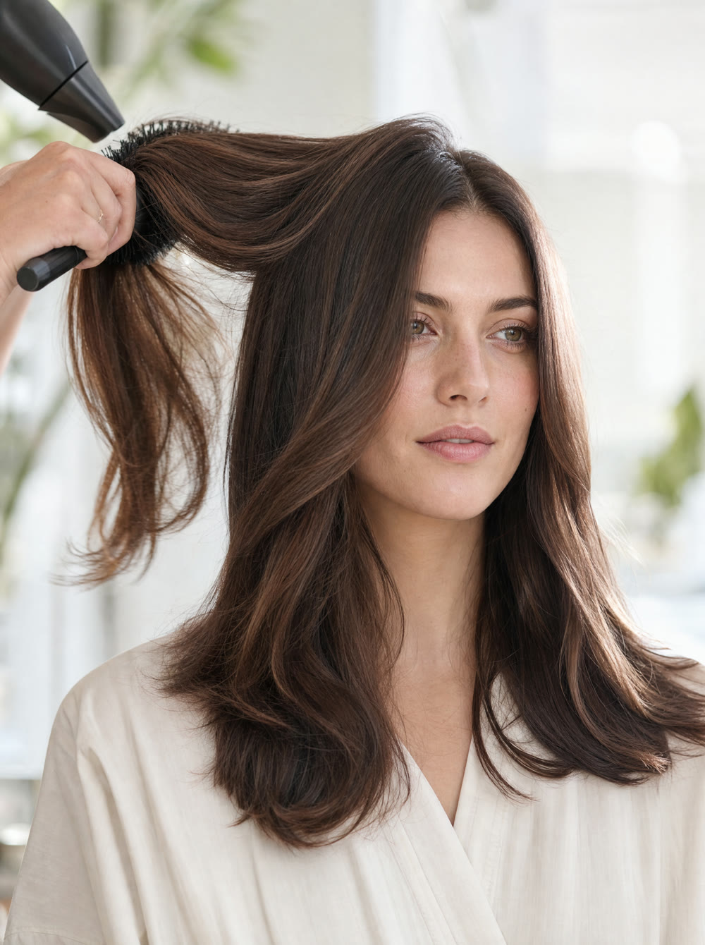 A guest with long chestnut hair mid blowout, a stylist's round brush lifting a section