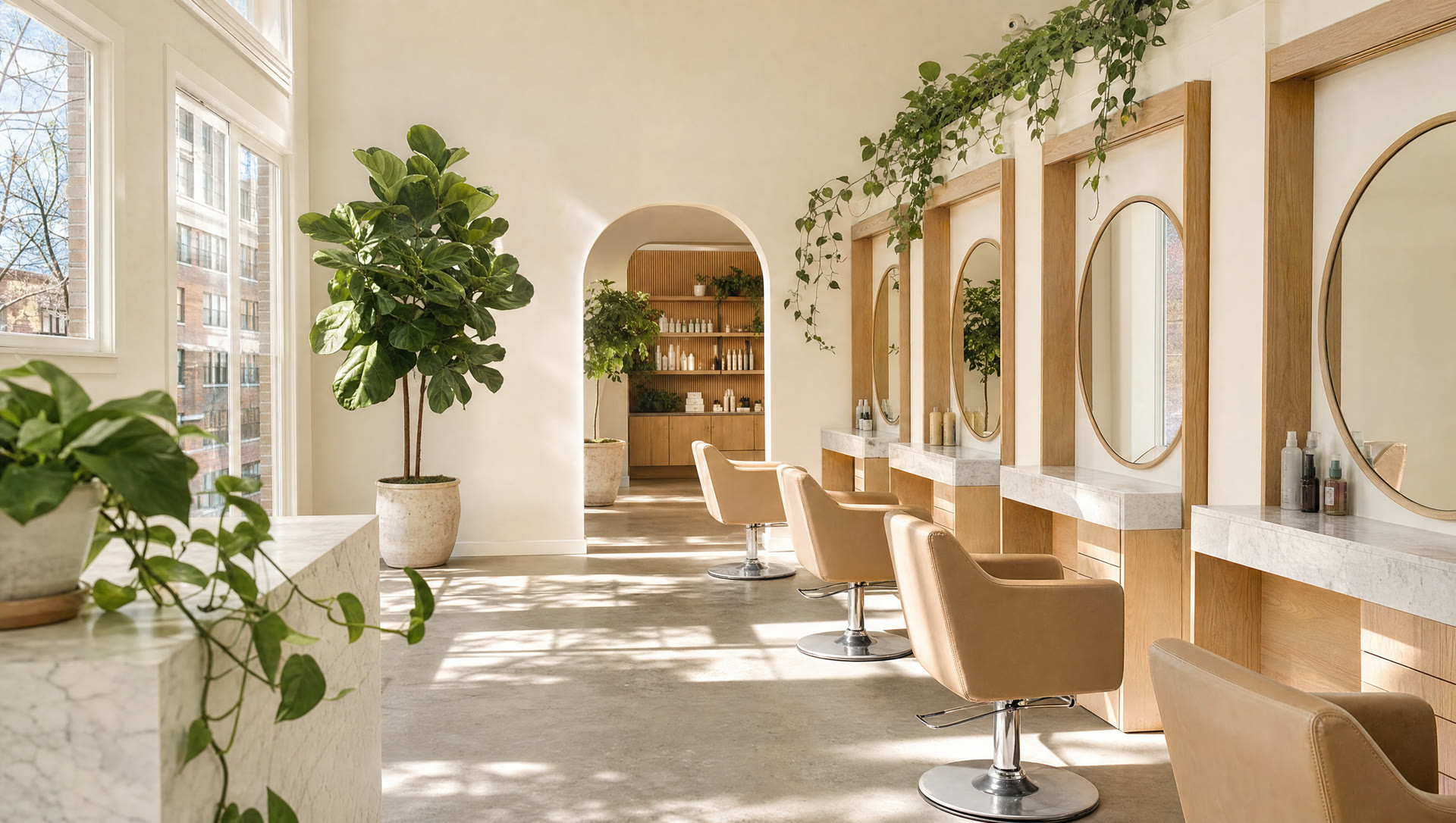 A bright salon floor with oak styling stations, round mirrors, marble counters and trailing plants in morning light