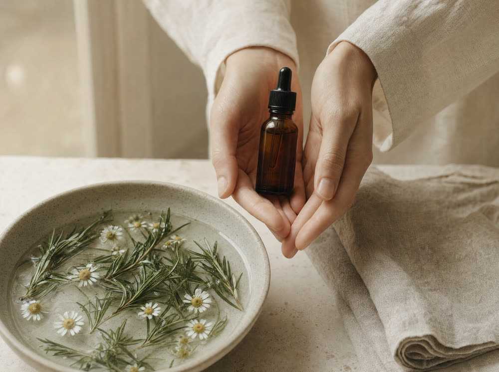 Two hands cupping a small amber dropper bottle above a stoneware bowl of water with rosemary and chamomile, a folded linen towel beside it.