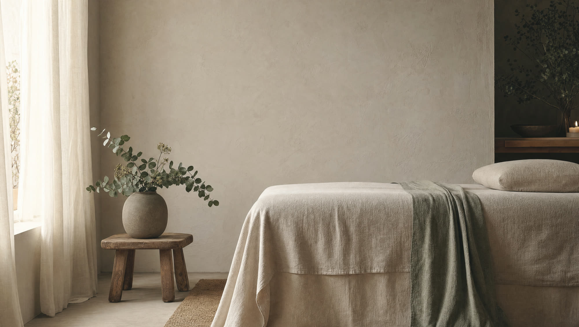A quiet treatment room: a massage table draped in undyed linen, eucalyptus in a stoneware vessel, soft window light on plaster walls.